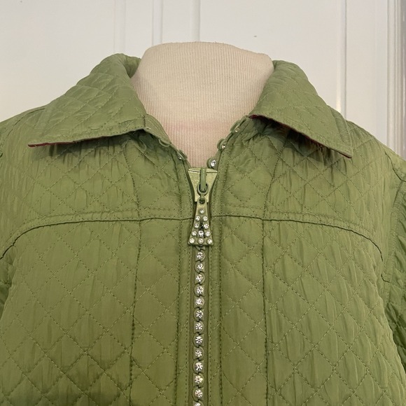 The Quacker Factory Quilted Jacket 1X Green/Pink 100% Silk Zip Embellished Coat - Picture 2 of 12